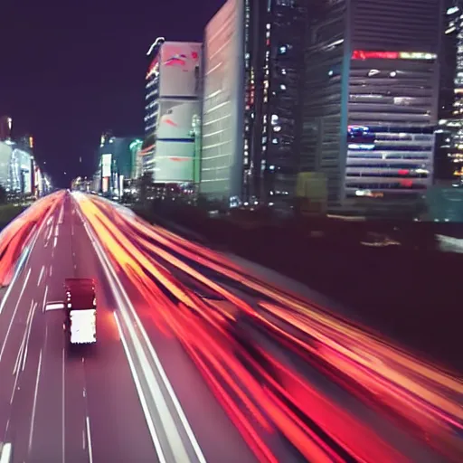 Prompt: raw film footage of a semi truck driving toward a tokyo skyline at 9 pm