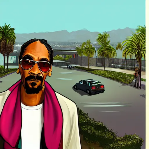 Prompt: a portrait of snoop dogg in gta v. los santos in the background, palm trees. in the art style of stephen bliss