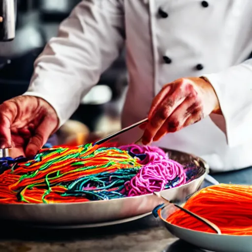 Image similar to italian chef cooking a plate of colorful yarn like spaghetti