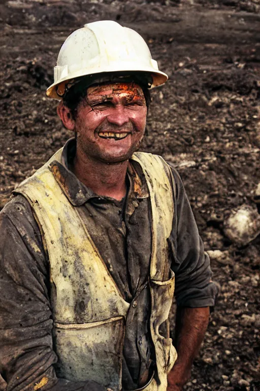 Prompt: Portrait of a Miner looking tired and over worked. Face dirty with soot. Smiling. White helmet. Standing in front of a Mine. Portra 400. 35mm Film. f/1.8. Portrait photography. Ultra HD, 8K