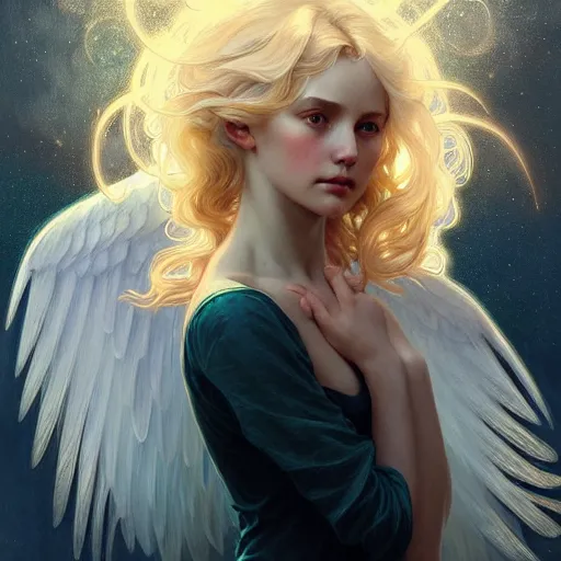 Image similar to Girl angel with elegant and delicate wings blonde hair and glowing halo, fantasy, intricate, elegant, highly detailed, digital painting, artstation, concept art, smooth, sharp focus, illustration, art by Krenz Cushart and Artem Demura and alphonse mucha