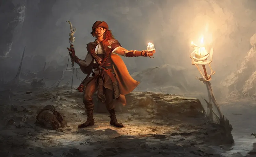 Image similar to concept art of a swashbuckler holding a candle holder discovering a sunken ruins, wearing a cape, grand ship, highly detailed, digital art, illustration, artstation, very detailed, 4 k