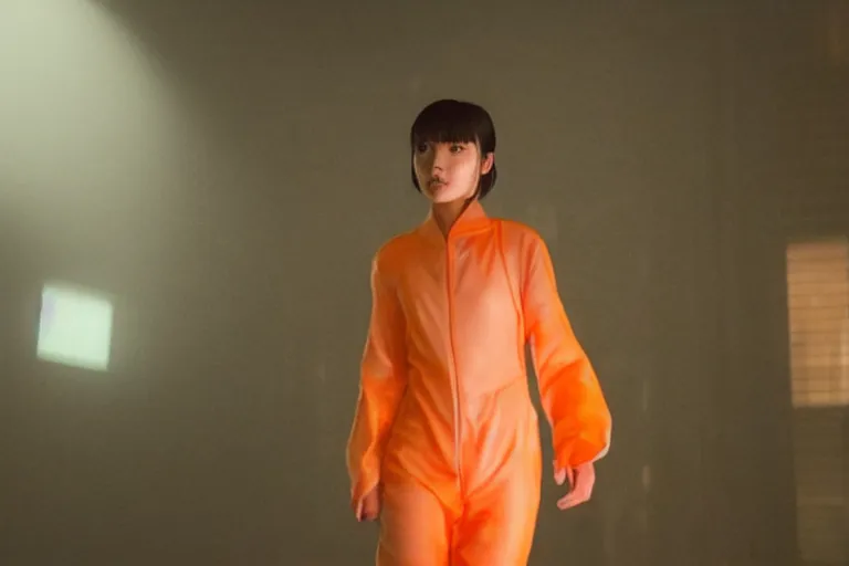 Image similar to a still from the film bladerunner 2 0 4 9 depicting haruka abe wearing an orange prison jumpsuit. behind her a blue holographic face dominates the background. futuristic medical equipment surrounds haruka abe. sci fi, futuristic,