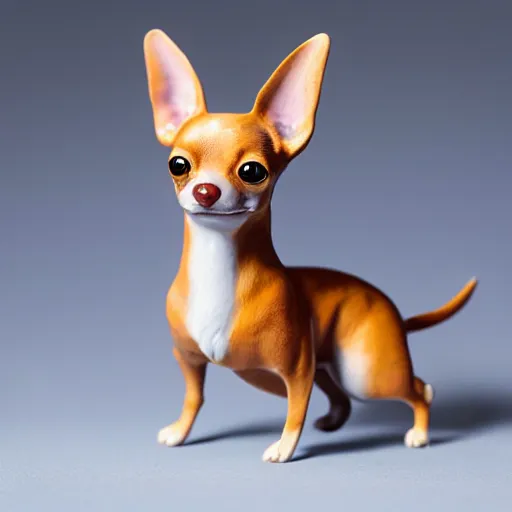 Image similar to A porcelain model of a chihuahua painted in an Emma Bridgewater pattern, sculpture, photograph, studio lighting, product photography, advertising photography, pottery, figurine, octane render –H 768