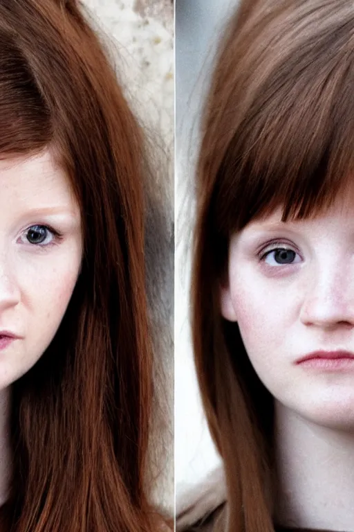 Image similar to ginny Weasley, symmetrical face two identical symmetrical eyes, feminine figure