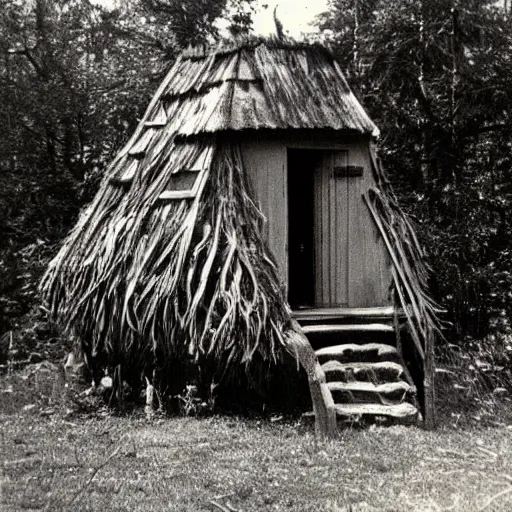 Image similar to A vintage photo of a witches hut with a witch standing on the Porch, 70s, vintage, old