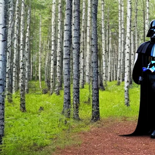 Image similar to darth vader meeting with vladimir putin in birch forest, drinking vodka