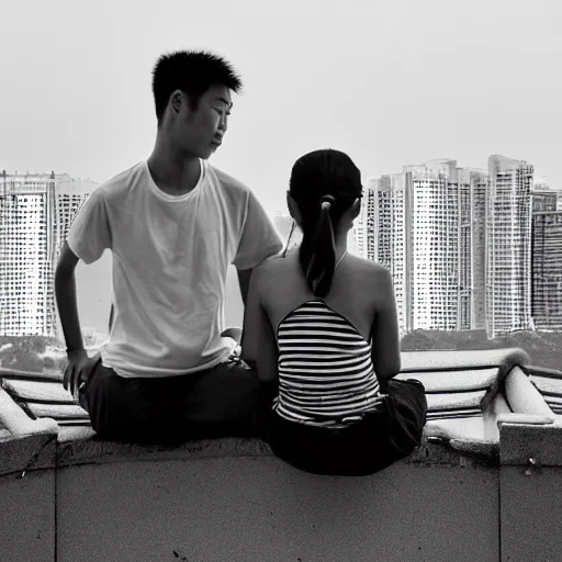 Prompt: solemn photo of two singaporean students sitting on the roof of a hdb flat, black and white, award winning, composition