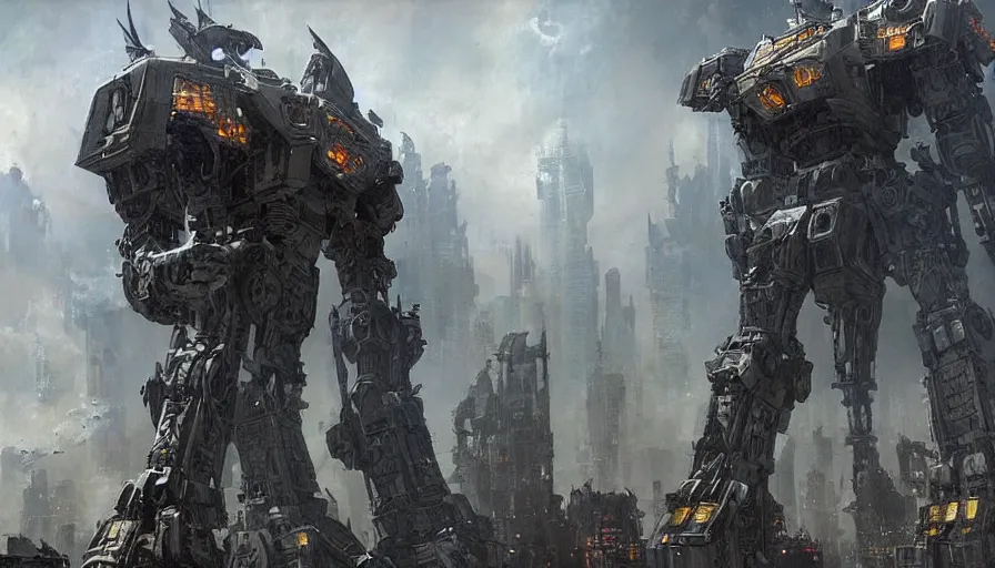 Image similar to imposing mech destroying the city, very detailed and intricate costume design, inspired by transformers movies, elite, ornate, dark hazy environment, ambient lighting, cinematic, epic, by craig mullins