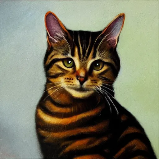 Image similar to tabby cat in front of a dark background, oil paining, highly realistic, romantic style