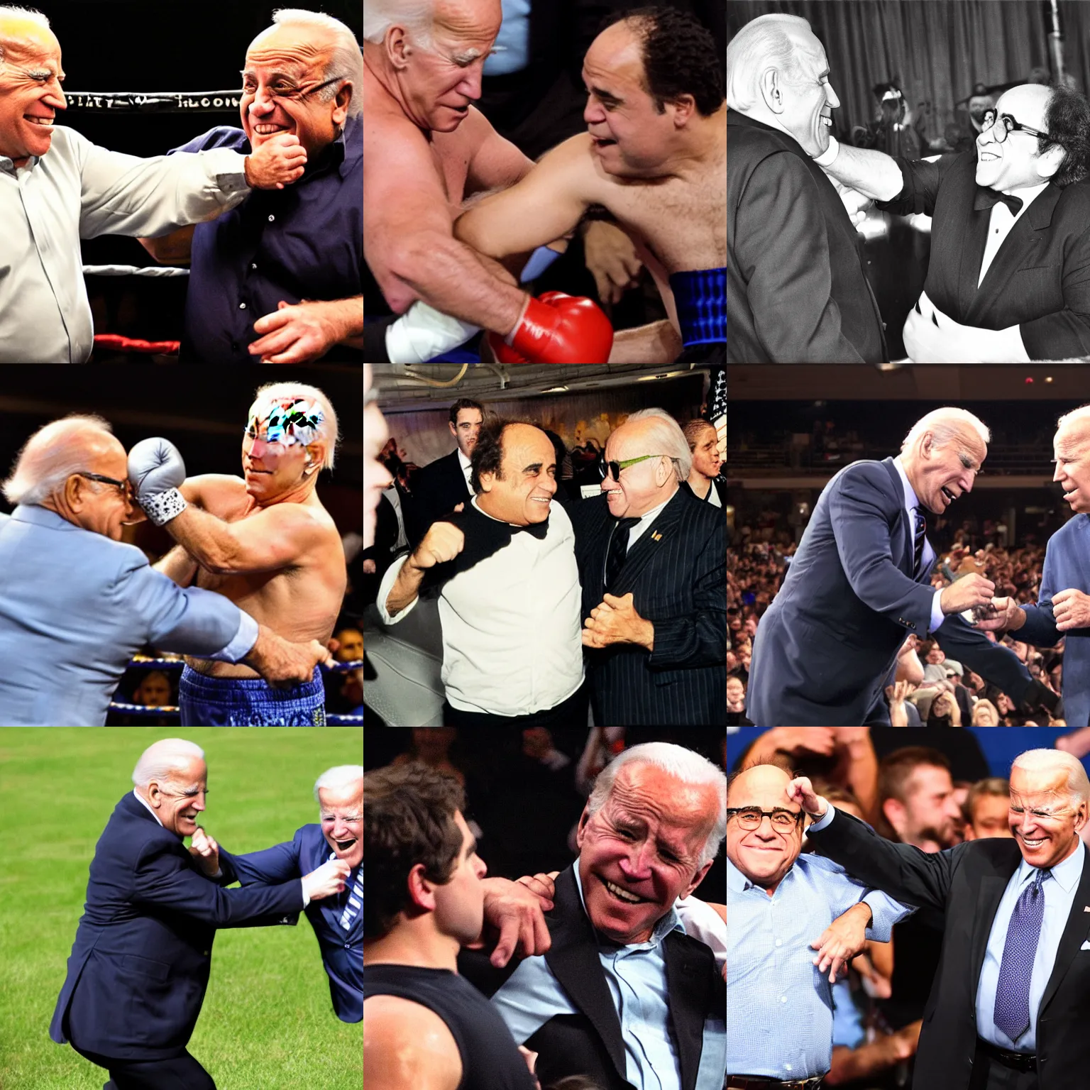 Prompt: photo of danny devito punching joe biden in the crotch