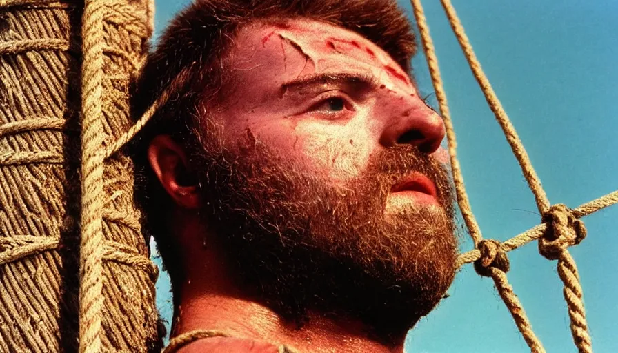 Image similar to 1 9 7 0 s movie still close - up of marcus atilius regulus'face tied with ropes at a pole with stiched forced - open eyes looking at the burning sun, eyes blood, cinestill 8 0 0 t 3 5 mm, high quality, heavy grain, high detail, texture, dramatic light, anamorphic, hyperrealistic, detailed hair