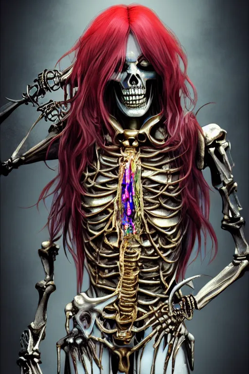 Image similar to androgyne lich skeleton made of iridescent metals and shiny gems covered with blood, long red hair, golden necklace, skeleton inspired by ross tran and wlop and masamune shirow, ultra realistic, concept art, intricate details, highly detailed, photorealistic, octane render, 8 k, unreal engine. dnd art by artgerm and greg rutkowski and alphonse mucha