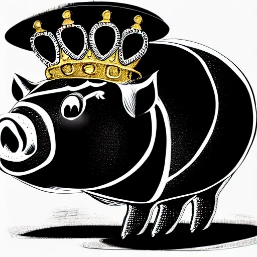 Image similar to side view of a smiling pig wearing a gold crown on it's head black and white illustration concept art in the style of Arthur Adams, full body 8k