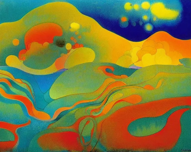 Image similar to A wild, insane, modernist landscape painting. Wild energy patterns rippling in all directions. Curves, organic, zig-zags. Mountains, clouds. Rushing water. Waves. Psychedelic dream world. Odilon Redon. Peter Max.