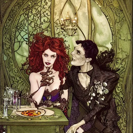 Image similar to a beautiful picture of doctor poison ivy professor of botany and doctor liliana onyx professor of demonology having lunch, academic clothing, dark eyeliner, intricate, elegant, highly detailed, digital painting, artstation, concept art, matte, sharp focus, illustration, art by rebecca guay and by arthur rackham and by john william waterhouse