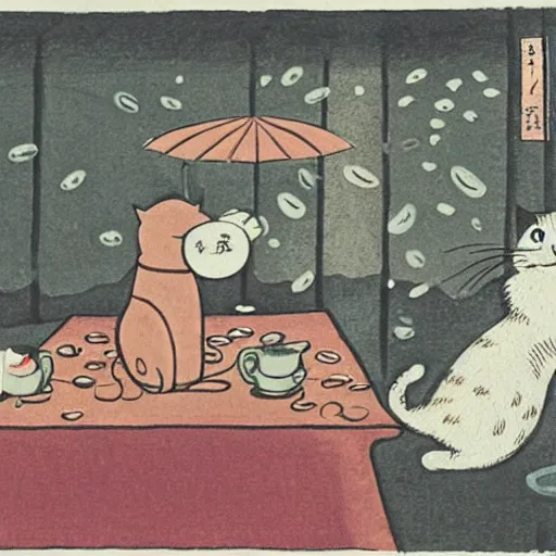 Prompt: cats drinking coffee, amongst raining coffee beans, in the style of Japanese illustration, Maurice Sendak, Tove Jansson