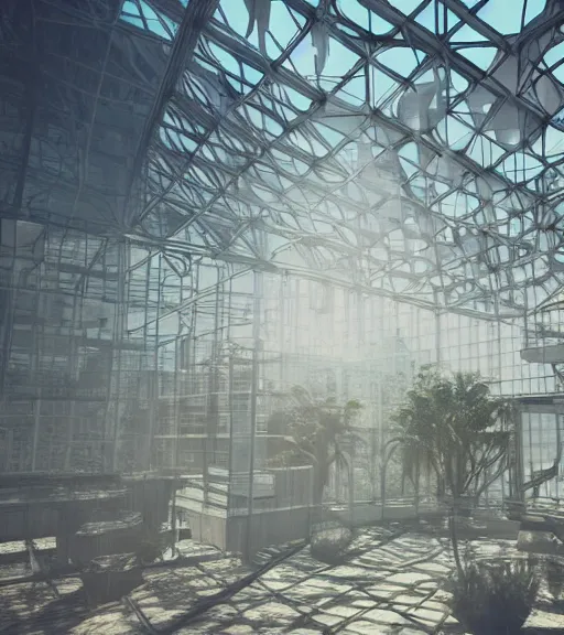 Prompt: majestic cyberpunk condensed glass structure, architecture of purification, white lab in the wild, desert white greenhouse, virtual installation, ancient atmosphere, trending on artstation, octane render, award winning, archviz, matte painting, sunrays, ethereal, desert, masterpiece, epic