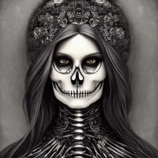 Image similar to a photograpic portrait of a anthropomorphic skeleton wearing black clothes, silver hair, fantasy, intricate, elegant, highly detailed, digital painting, artstation, concept art, smooth, sharp focus, illustration, art by artgerm and H R Giger and alphonse mucha