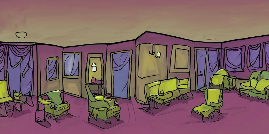 Image similar to a dimly lit, theater dressing room, with a mirror, a chair, a couch, day of the tentacle style, drawn by Peter Chan, 5 point perspective