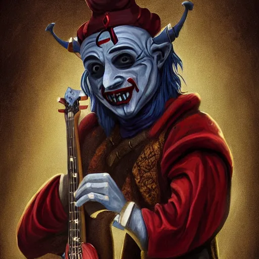 Prompt: a person with a mask playing a guitar, young handsome pale roma, grim dark jester from gwent cards, an ultrafine detailed painting by aleksander orłowski, artstation contest winner, sots art, concept art, da vinci, sketchfab