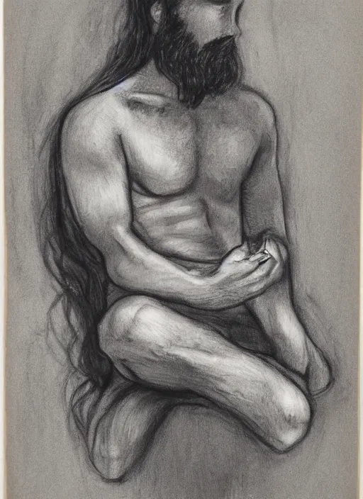 Image similar to portrait of a 23 year old man with long dark hair and a beard looking down on a canvas he is holding on his lap,charcoal drawing, psychedelic, in a minimalistic style