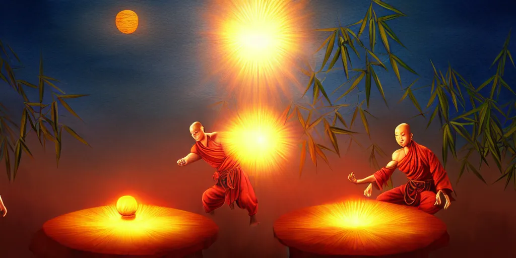 Image similar to [ shaolin monks. orbs of light hover over their open palms ] ( backdrop : shrine / night sky / bamboo / full moon / flora ) fantasy art, digital painting, golden hour, sunburst, highly detailed. realistic award, 8 k concept art, watercolor splash, epic mythology, illustration style of disco elysium