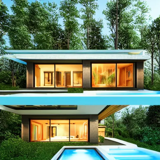 Image similar to contemporary house in the forest, lights inside, foliage, square pool, textures, detailed, big tree realistic