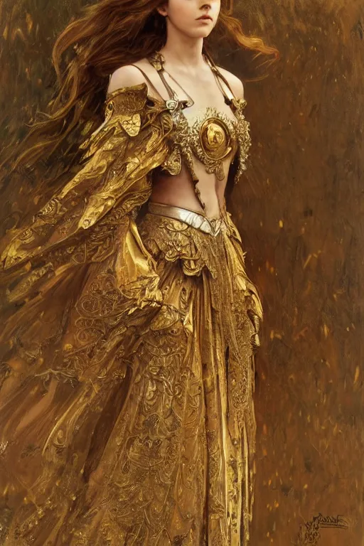 Prompt: a full body portrait of a 16-year old girl who resembles Emma Watson and Anya Taylor Joy, ornate intricate golden battle armor, intricate, elegant, highly detailed, digital painting, artstation, concept art, smooth, sharp focus, illustration, art by John William Waterhouse and greg rutkowski and Donato Giancola and alphonse mucha