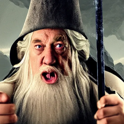 obese Gandalf wearing a headset yelling at his monitor | Stable Diffusion