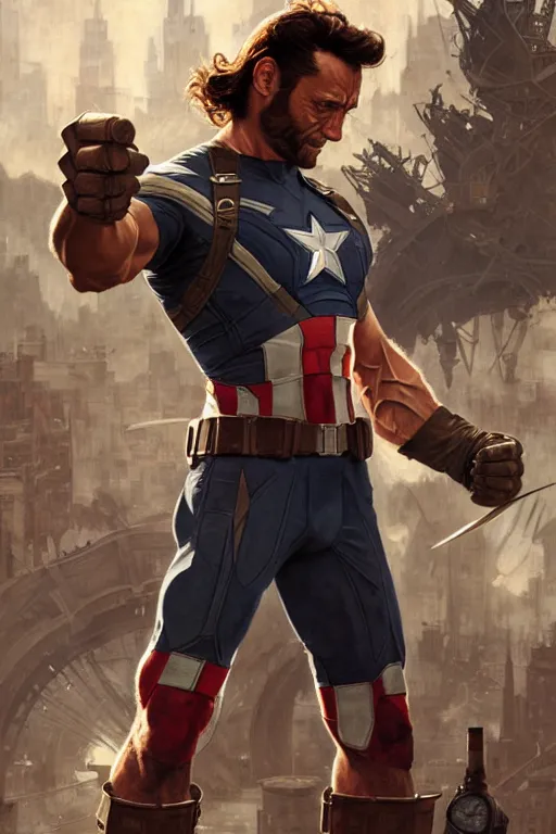 Image similar to wolverine as captain america, intricate, futuristic, fantasy, elegant, by Stanley Artgerm Lau, greg rutkowski, thomas kindkade, alphonse mucha, loish, norman Rockwell,