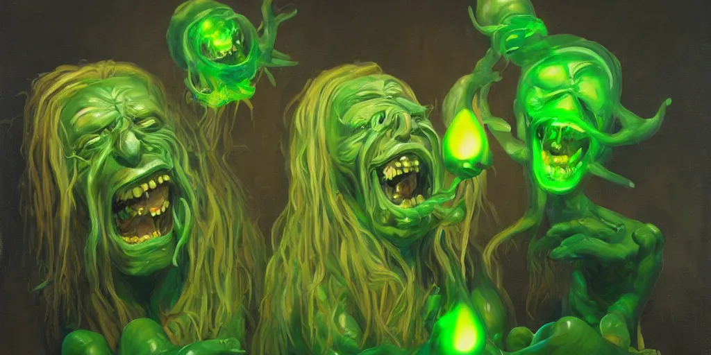 Prompt: clear oil painting of two greek medusas gorgons laughing holding goblets with a glowing green liquid. by frank frazzeta. trending on artstation.