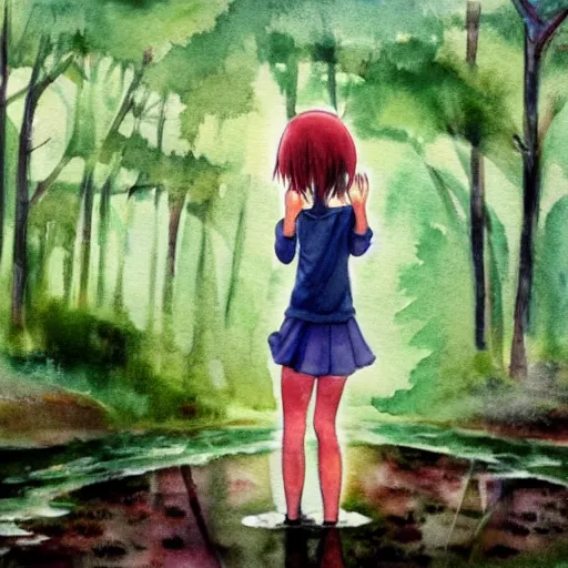 Image similar to a anime girl looking into her own reflection in a puddle of water, she is in a raining forest, watercolor painting