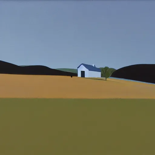 Prompt: dreaming futuristic rural landscape with modern houses, painted by Alex Katz and Edward Hopper, airbrush