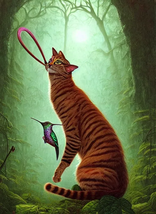 Prompt: a hyper realistic illustrated cat with playing with a hummingbird on its paw in the woods gorgeous lighting, k _ lms lush forest foliage painting by chiara bautista and beksinski and norman rockwell and greg rutkowski weta studio, and lucasfilm