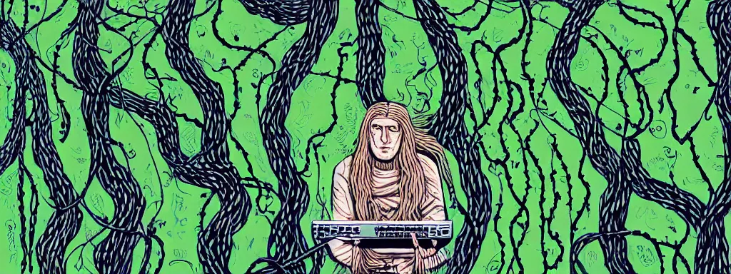 Image similar to a grunge technogaianist long-haired blonde digital musician playing modular synthesizer in the forest, technology and nature swirling in harmony, vines becoming patch cables, plugging vines into the synthesizer, trees swaying to the beat, postmodern surrealist concert poster, grainy, hand drawn matte painting by Tara McPherson and Gary Houston, smooth, sharp focus, extremely detailed.