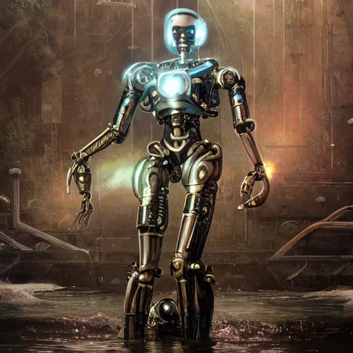 Image similar to a photograph of a robot endoskeleton augmented with a humanoid nervous system submerged and rusted in the water, cinematic, volumetric lighting, f 8 aperture, cinematic eastman 5 3 8 4 film, photorealistic by greg rutkowski, by stanley artgerm, by alphonse mucha