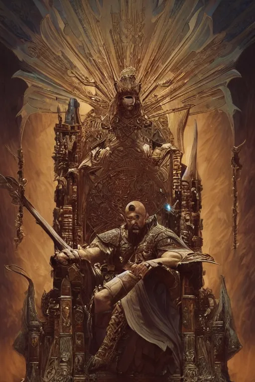 Image similar to warlord sitting on a throne, D&D, fantasy, intricate, highly detailed, digital painting, artstation, concept art, smooth, sharp focus, illustration, art by artgerm and greg rutkowski and alphonse mucha