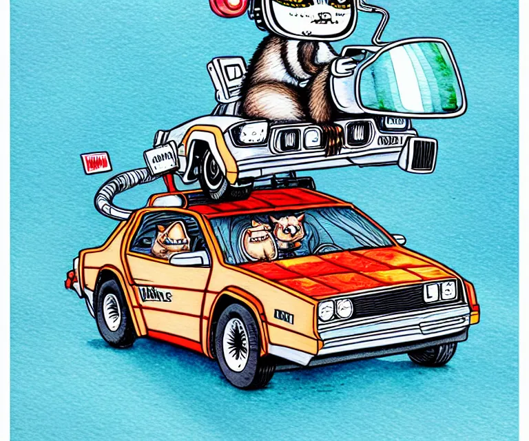 Prompt: cute and funny, ( ( ( ( ( ( racoon ) ) ) ) ) ) wearing a helmet riding in a tiny silver color hot rod dmc delorean with oversized engine, ratfink style by ed roth, centered award winning watercolor pen illustration, isometric illustration by chihiro iwasaki, edited by range murata