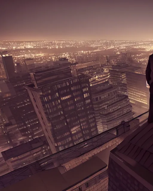 Prompt: a night rooftop scene, close up shot of a photorealistic gangster wearing a trench coat looking at the city below, unreal engine, hyper realism, realistic shading