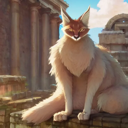 Prompt: a digital art of cute fluffy anthropomorphic caracal wearing toga, ancient greek city, sunny day, by greg rutkowski and makoto shinkai, krenz cushart and mucha and akihito yoshida and, long shot, back lighting, detailed, 4 k resolution, trending on art station