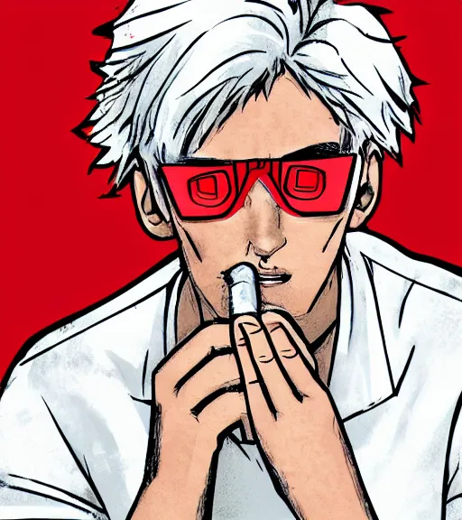 Image similar to young man in red jacket and white shirt, white hair, round goggles, smoking cigarette, character portrait, sharp focus, illustration, high detailed