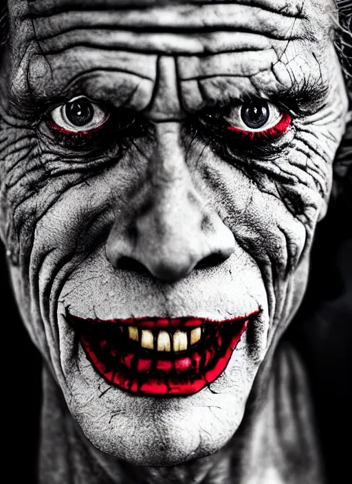 Image similar to photo of Willem Dafoe as the Joker by Lee Jeffries, head shot, detailed, award winning, Sony a7R