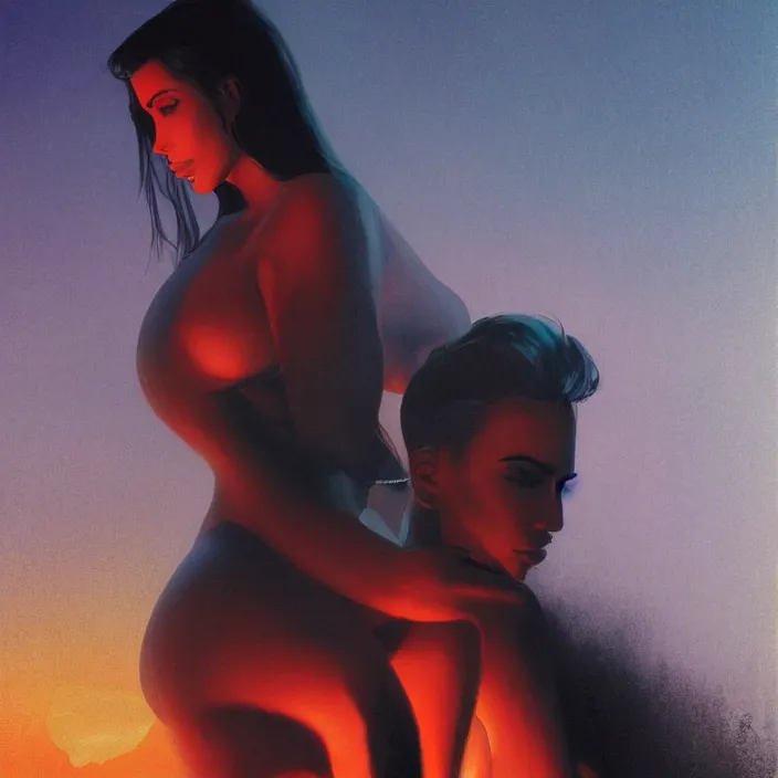 Image similar to kim kardashian, portrait, concept art, digital painting, noir, backlit, bokeh, neon lights, atmospheric, by bruce pennington, by corbusier