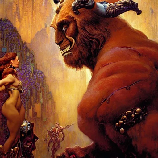 Image similar to portrait of a beast man from beauty and the beast. fantasy painting by gaston bussiere craig mullins jc leyendecker gustav klimt artgerm greg rutkowski john berkey, bergey, craig mullins, ruan jia, raymond swanland, tom lovell