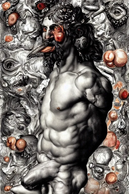 Prompt: Detailed maximalist portrait a Greek god with large lips and with large white eyes, angry face, fleshy skeletal body, HD mixed media 3d collage, highly detailed and intricate, surreal illustration in the style of Caravaggio, dark art, baroque