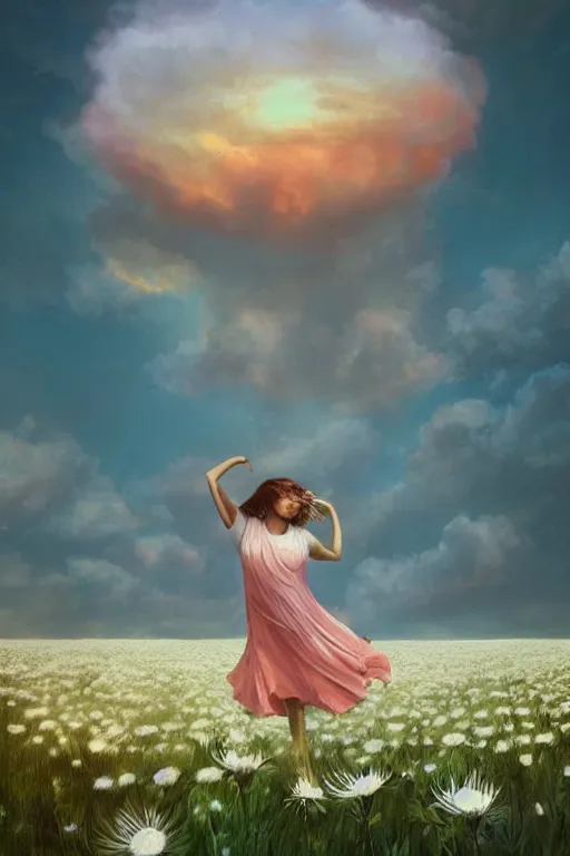 Image similar to giant white daisy flower as head, body girl dancing in a flower field, surreal photography, sunrise, dramatic light, impressionist painting, colorful clouds, digital painting, artstation, simon stalenhag