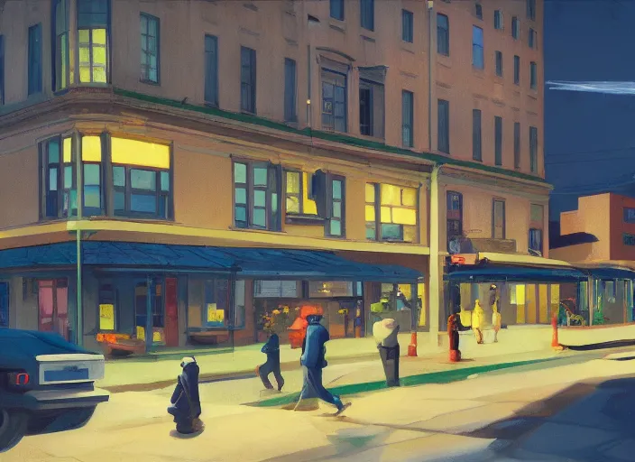 Image similar to crowd of working citizens carrying daily routines on the backdrop of missiles hitting residential buildings, DSLR 35mm, by Edward Hopper and Dan Mumford, Unreal Engine 5, Lumen, Nanite