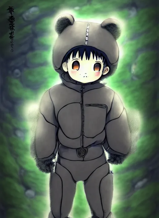 Image similar to beautiful little boy wearing an cyborg bear suit, artwork in kentaro miura and made in abyss and rosdraws, smooth, beautiful lightness, anatomically correct, trending on pixiv, forest