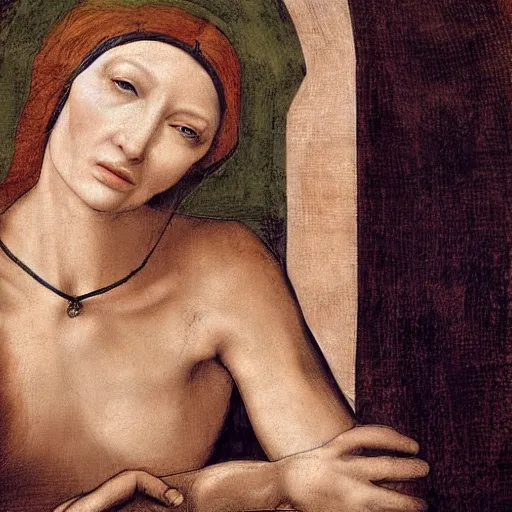 Image similar to painting of cate blanchett as adam in the creation of adam by leonardo davinci